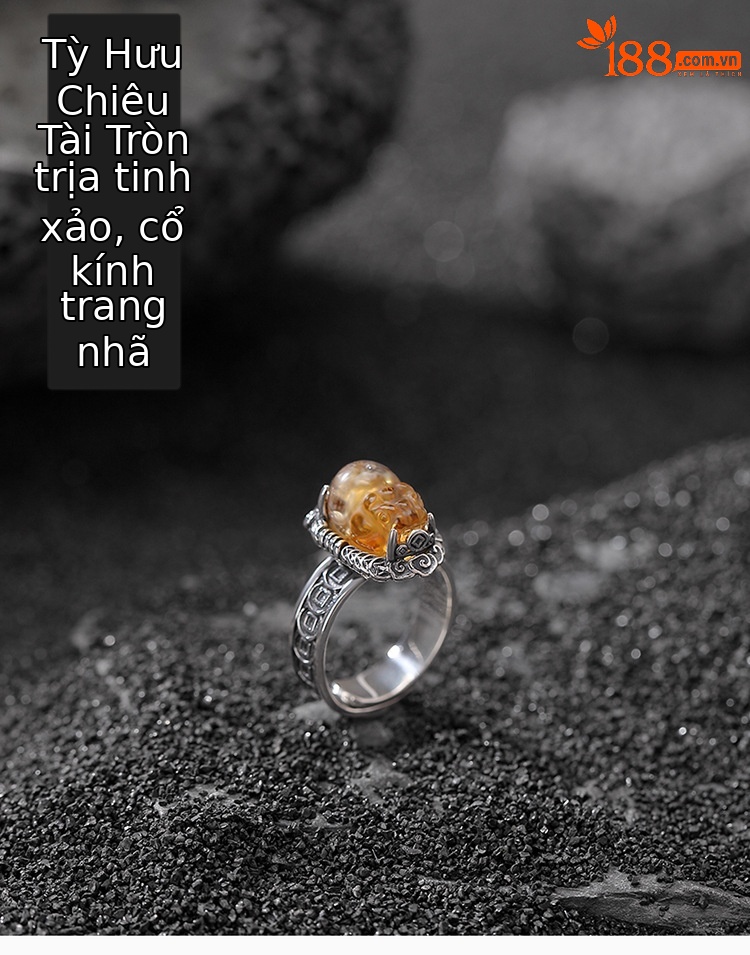 Nhẫn bạc S990 pha lê vàng tháp, mặt Pixiu đồng xu phong cách Trung Hoa, có thể điều chỉnh — một mảnh chi tiết 1