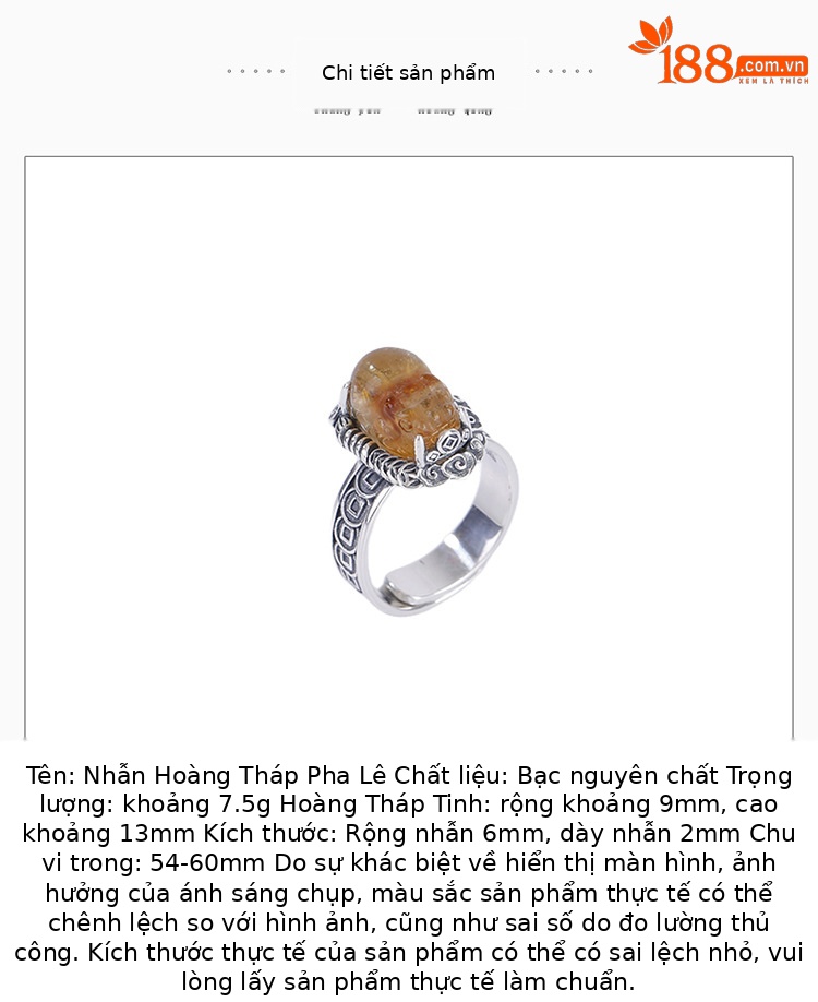 Nhẫn bạc S990 pha lê vàng tháp, mặt Pixiu đồng xu phong cách Trung Hoa, có thể điều chỉnh — một mảnh chi tiết 2