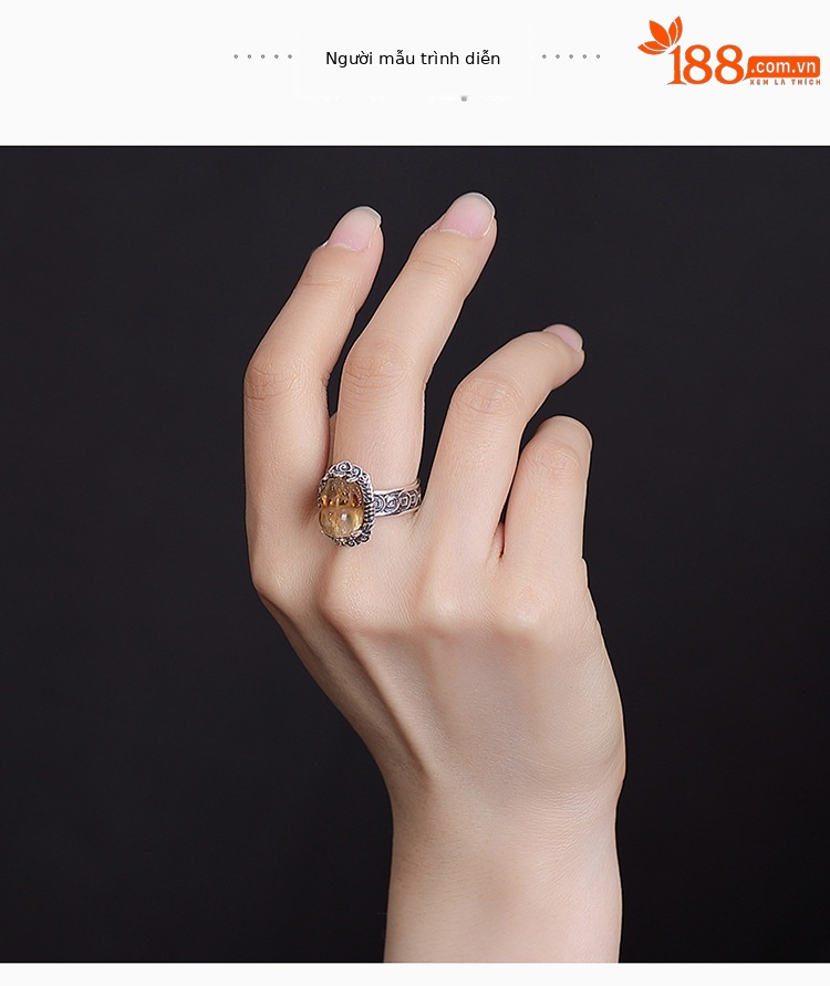 Nhẫn bạc S990 pha lê vàng tháp, mặt Pixiu đồng xu phong cách Trung Hoa, có thể điều chỉnh — một mảnh chi tiết 4