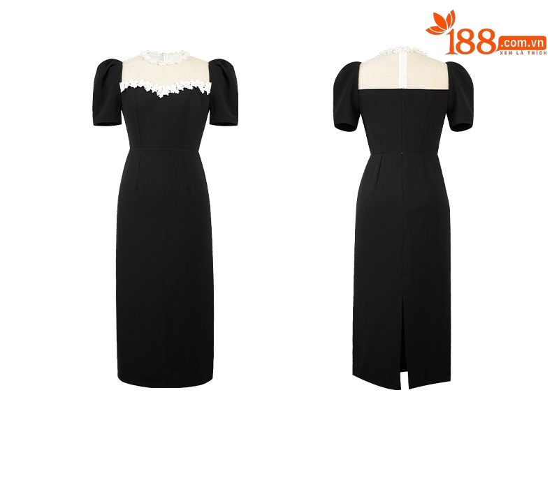 Váy đen cổ tròn thắt eo tay phồng dáng dài Hepburn — đen chi tiết 3