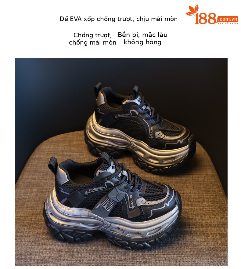 Giày sneaker nữ chunky đế dày tăng chiều cao 9 cm phong cách thể thao — sâm panh chi tiết 9