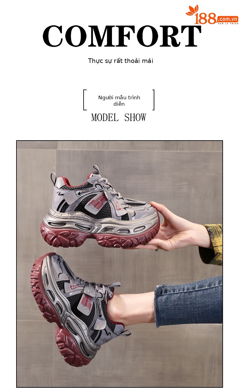 Giày sneaker nữ chunky đế dày tăng chiều cao 9 cm phong cách thể thao — sâm panh chi tiết 10