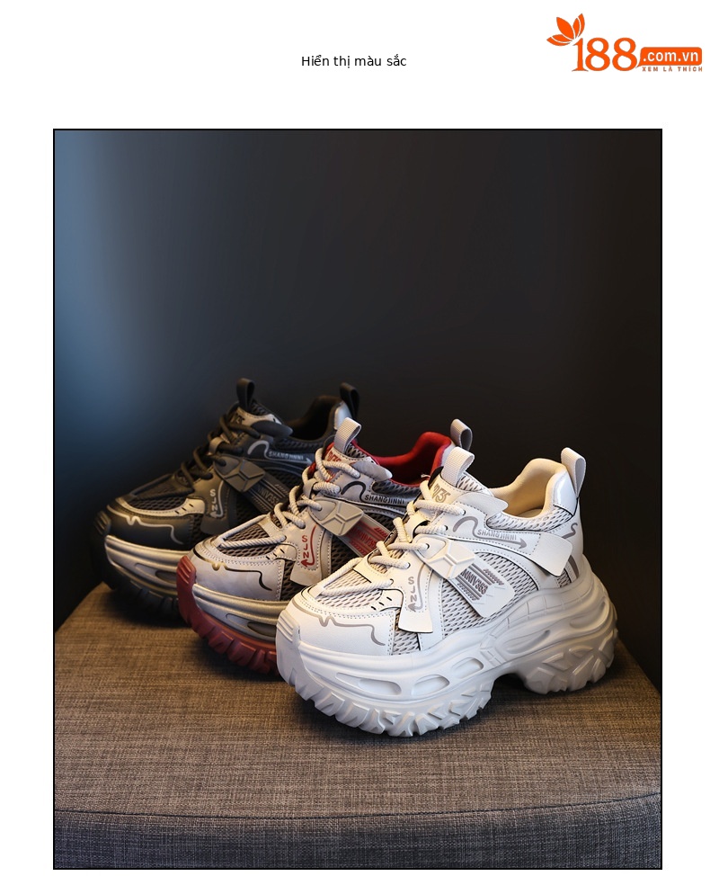 Giày sneaker nữ chunky đế dày tăng chiều cao 9 cm phong cách thể thao — sâm panh chi tiết 17