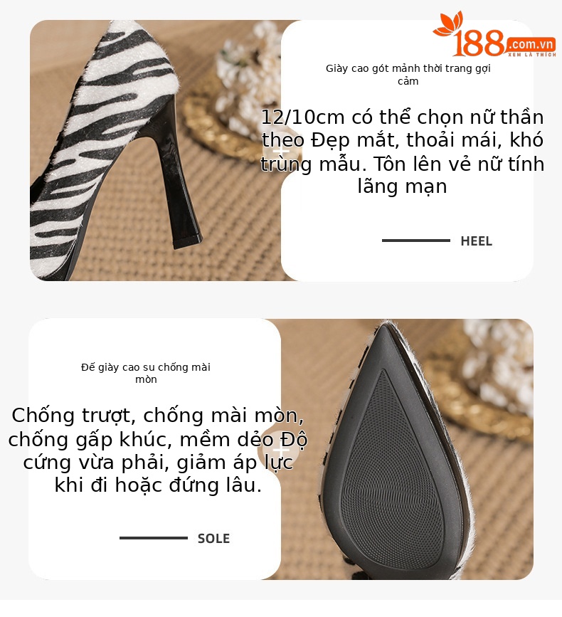 Giày cao gót mũi nhọn đế xuồng platform da lộn in họa tiết ngựa vằn, gót 12 cm — Nhung đen-12CM chi tiết 2