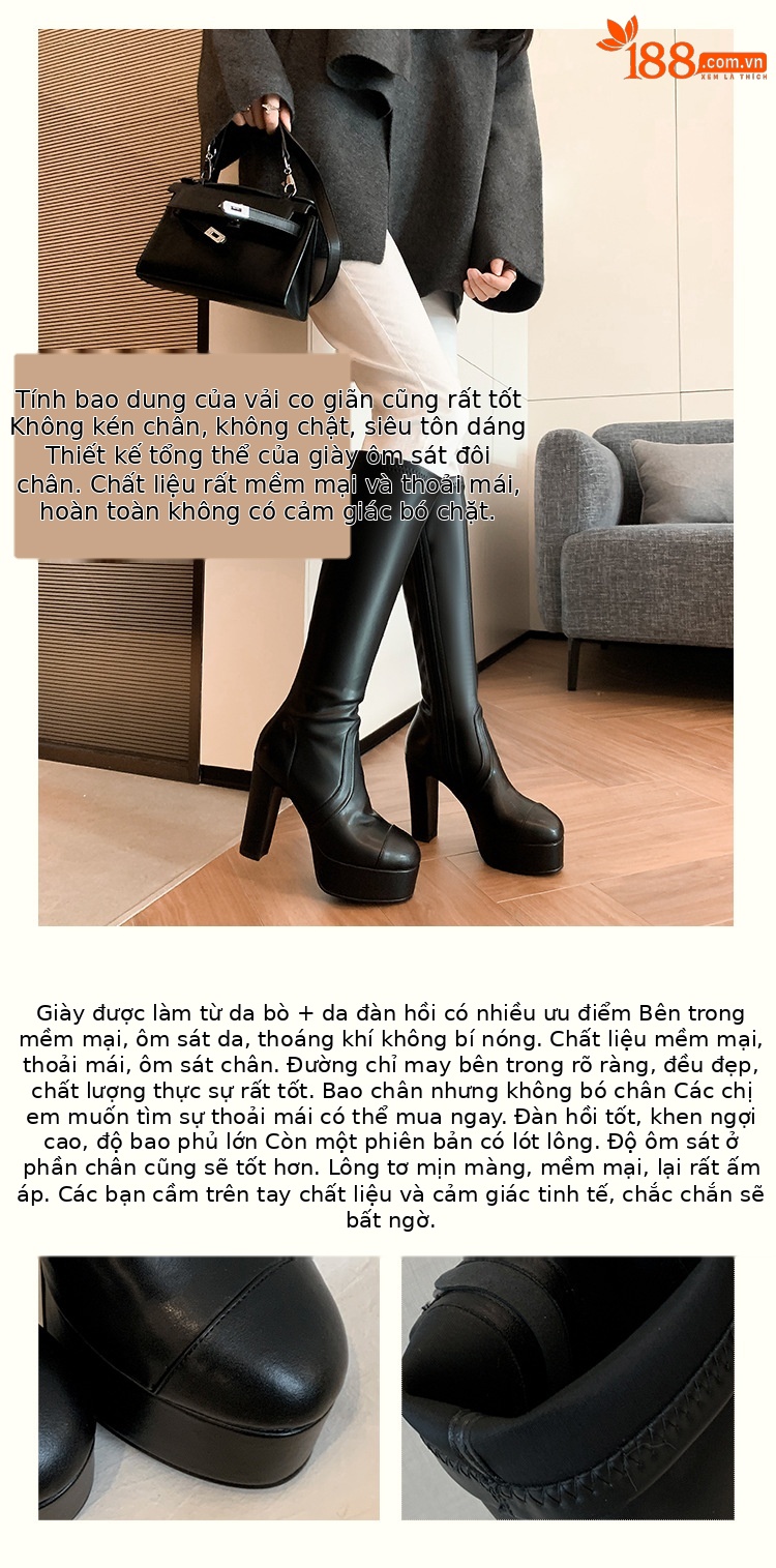 Boot nữ cổ cao ôm bắp chân gót 11cm đế platform mũi tròn — Quả mơ ống nhỏ đơn li, Lớp lót nhung lớn màu đen, Lớp lót nhung ống nhỏ màu mơ, Ống nhỏ màu đen đơn li chi tiết 3