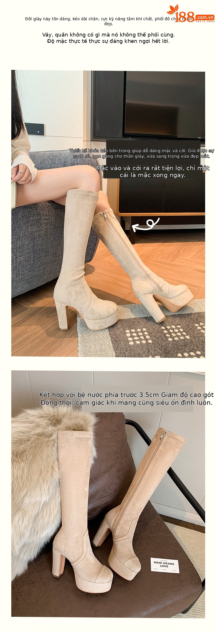 Boot nữ cổ cao ôm bắp chân gót 11cm đế platform mũi tròn — Quả mơ ống nhỏ đơn li, Lớp lót nhung lớn màu đen, Lớp lót nhung ống nhỏ màu mơ, Ống nhỏ màu đen đơn li chi tiết 4