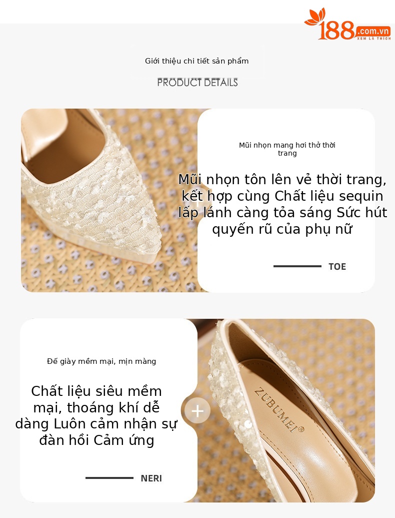 Giày cao gót nữ mũi nhọn đính hạt cườm, đế nhọn gợi cảm, chống thấm nước — bột khỏa thân chi tiết 1