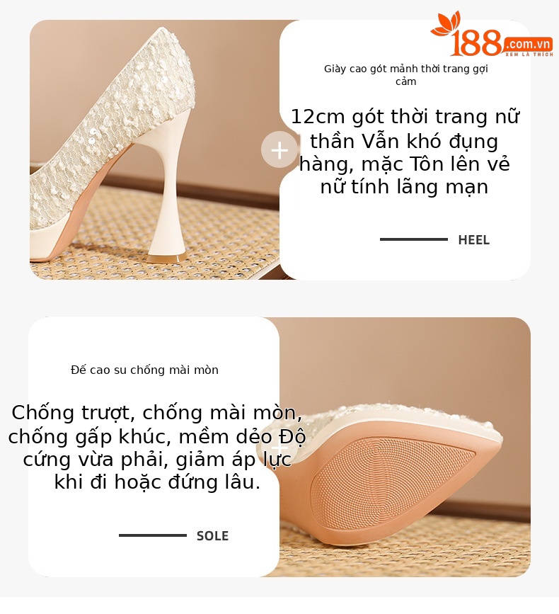 Giày cao gót nữ mũi nhọn đính hạt cườm, đế nhọn gợi cảm, chống thấm nước — bột khỏa thân chi tiết 2