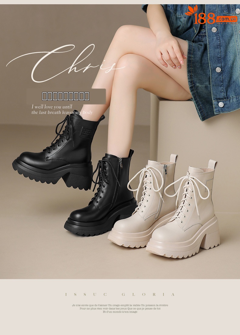 Boot nữ da thật mùa thu đông 2025, dây buộc, đế dày tăng chiều cao, gót vuông thô — Lớp lót đơn màu be, Lớp lót nhung đen, Lớp lót nhung màu be, Lớp lót đơn màu đen chi tiết 2