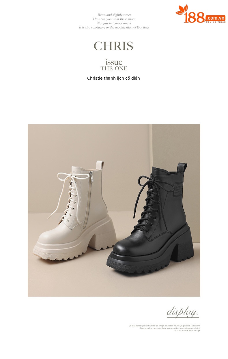 Boot nữ da thật mùa thu đông 2025, dây buộc, đế dày tăng chiều cao, gót vuông thô — Lớp lót đơn màu be, Lớp lót nhung đen, Lớp lót nhung màu be, Lớp lót đơn màu đen chi tiết 12