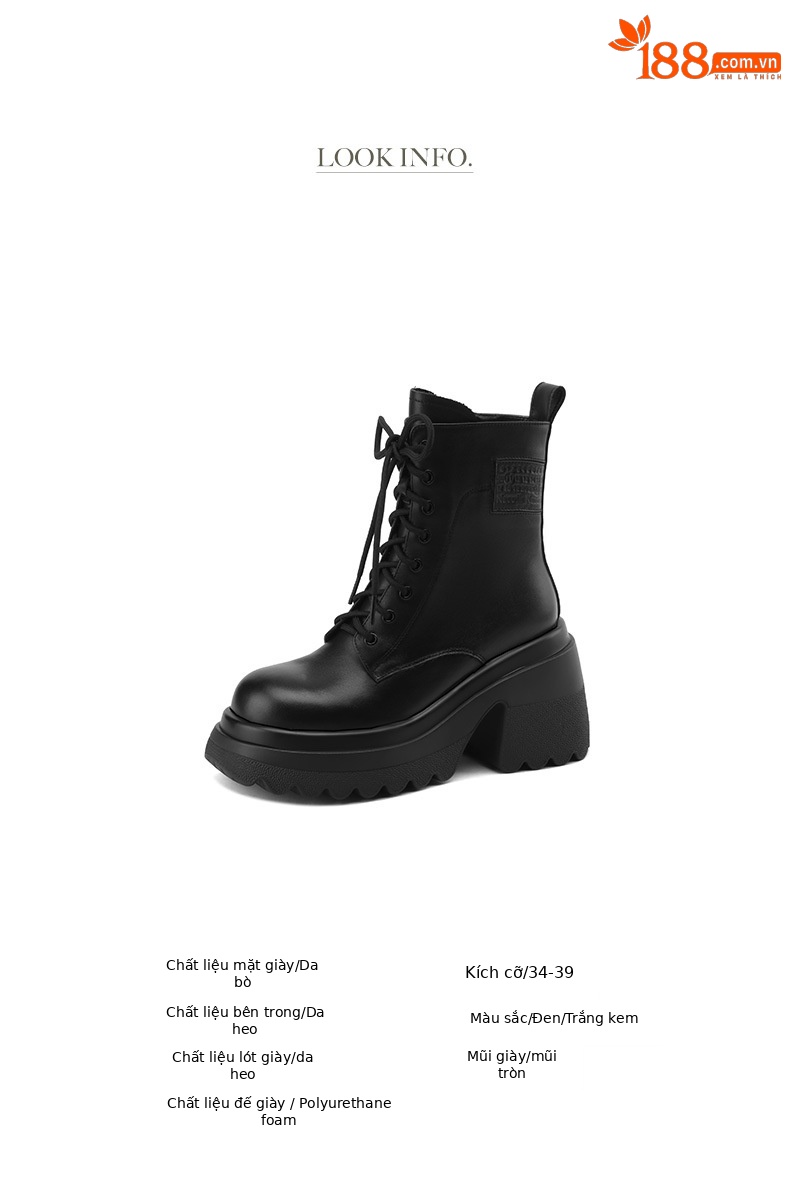 Boot nữ da thật mùa thu đông 2025, dây buộc, đế dày tăng chiều cao, gót vuông thô — Lớp lót đơn màu be, Lớp lót nhung đen, Lớp lót nhung màu be, Lớp lót đơn màu đen chi tiết 3