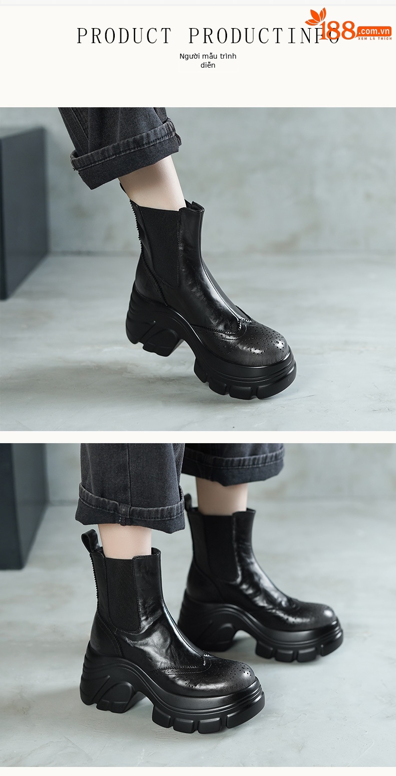 Giày boot Chelsea nữ cổ ngắn đế dày mũi tròn màu nâu cổ điển — Lớp lót nhung đen, Nhung nâu, Lớp lót đơn màu đen, Lớp lót đơn màu nâu chi tiết 2