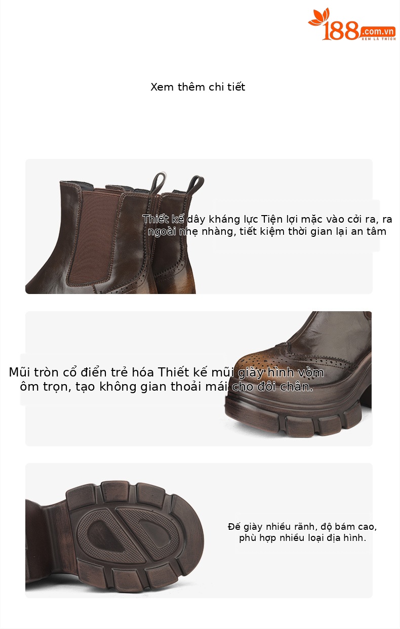 Giày boot Chelsea nữ cổ ngắn đế dày mũi tròn màu nâu cổ điển — Lớp lót nhung đen, Nhung nâu, Lớp lót đơn màu đen, Lớp lót đơn màu nâu chi tiết 7