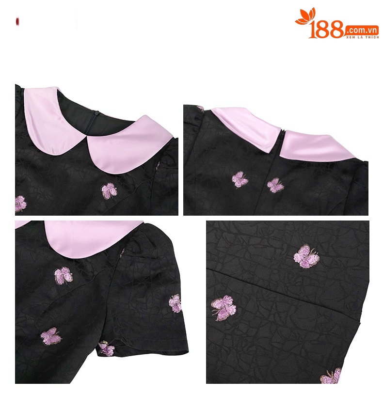 Váy ôm body nữ kiểu Pháp cổ điển mặt búp bê thêu hoa — màu đen chi tiết 3