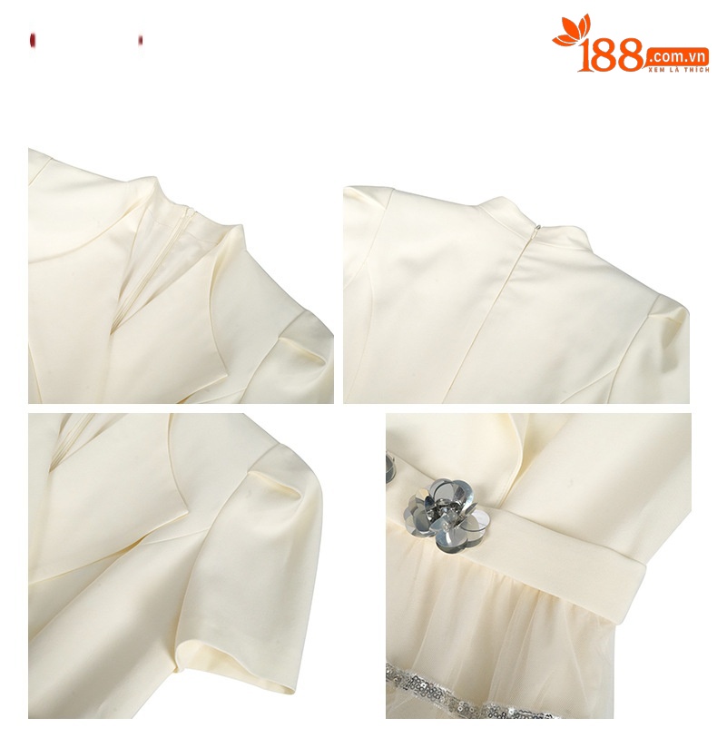 Đầm xòe eo thanh lịch cổ vest tay ngắn kiểu Pháp — màu trắng mơ chi tiết 3