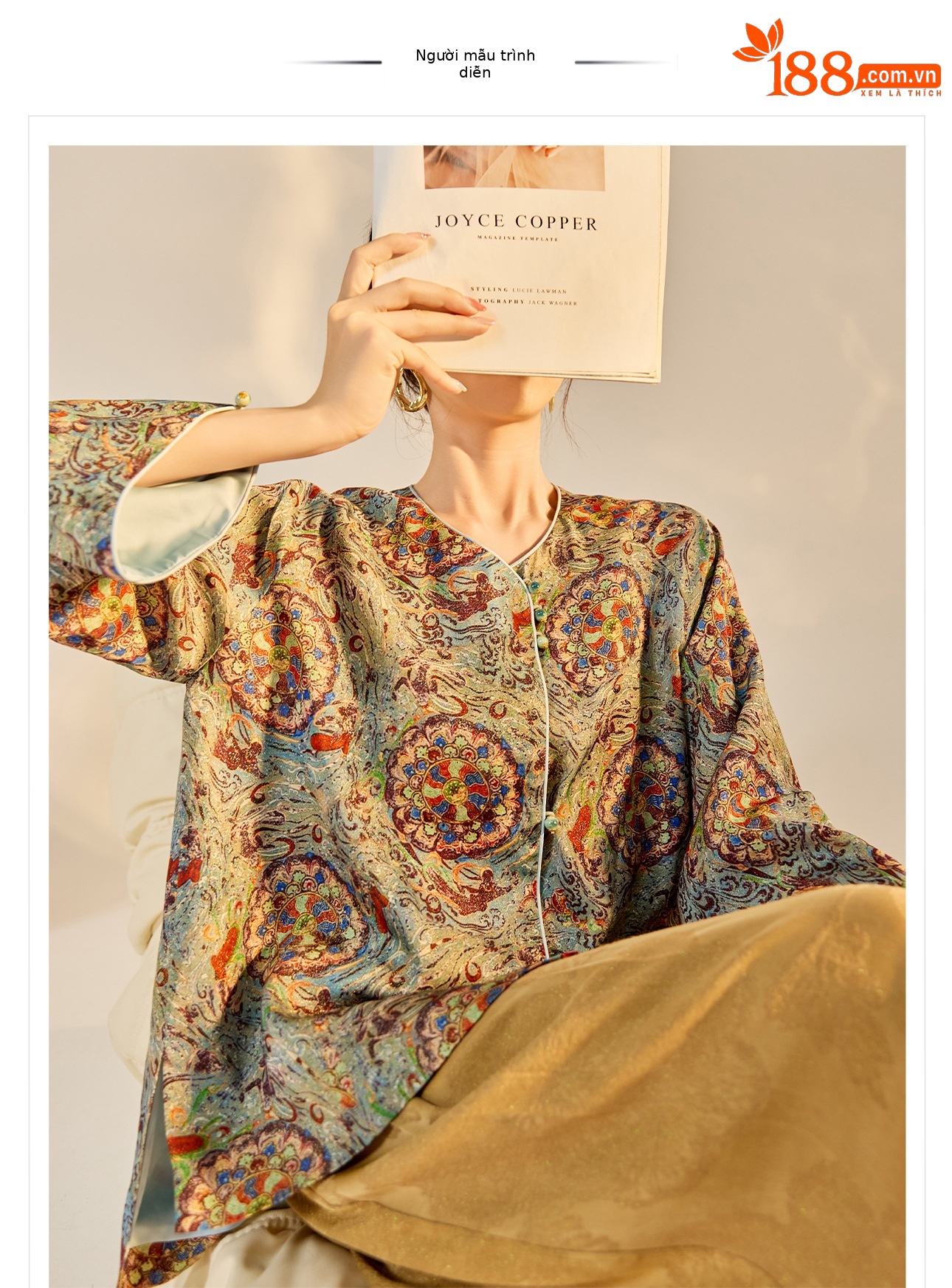 Áo khoác nữ phong cách Trung Hoa mới, cổ chéo, in thêu chỉ vàng, chất rayon cao cấp N8042 — màu xanh nhạt chi tiết 1