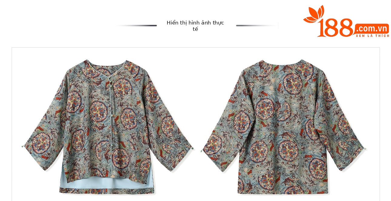 Áo khoác nữ phong cách Trung Hoa mới, cổ chéo, in thêu chỉ vàng, chất rayon cao cấp N8042 — màu xanh nhạt chi tiết 18