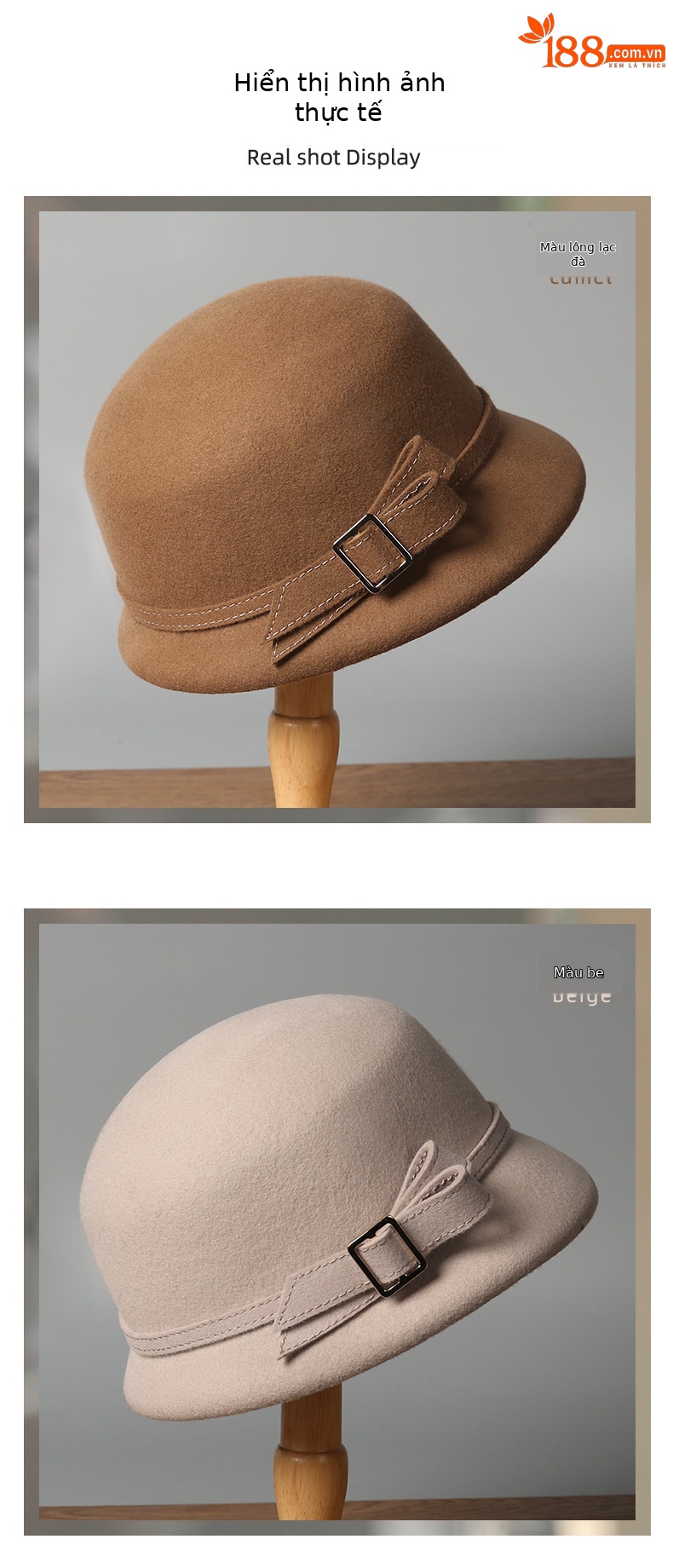 Mũ len beanie nữ phong cách Hepburn, chất liệu len pha, kiểu dáng thanh lịch thu đông — màu be chi tiết 7