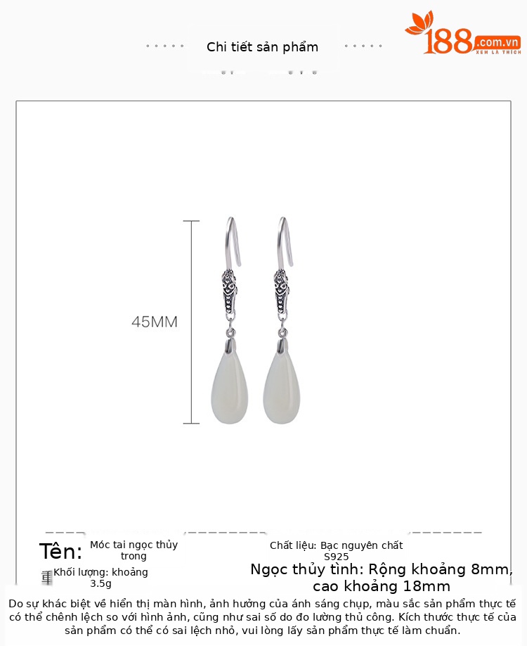 Khuyên tai móc nữ bạc S925 đính ngọc Hetian tự nhiên hình Ruyi — một cặp chi tiết 2