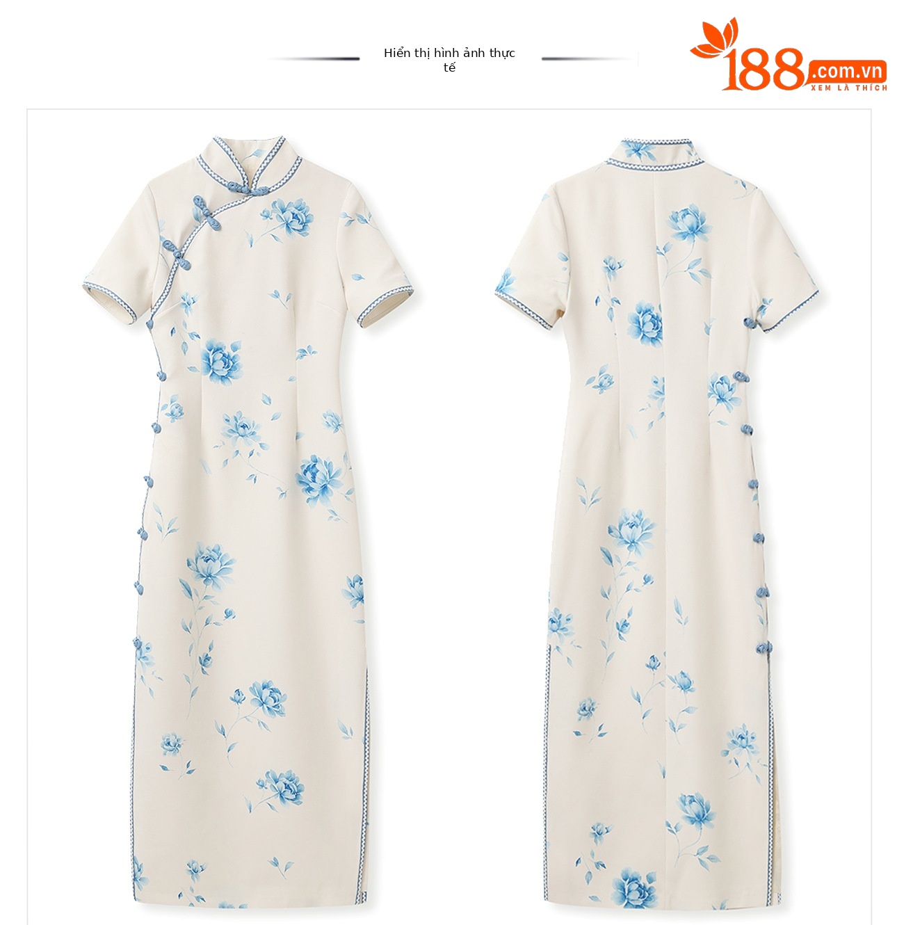 Váy sườn xám cải tiến phong cách Dân Quốc họa tiết sứ trắng xanh kèm khăn choàng N8053 — khăn choàng, chiếc váy chi tiết 22