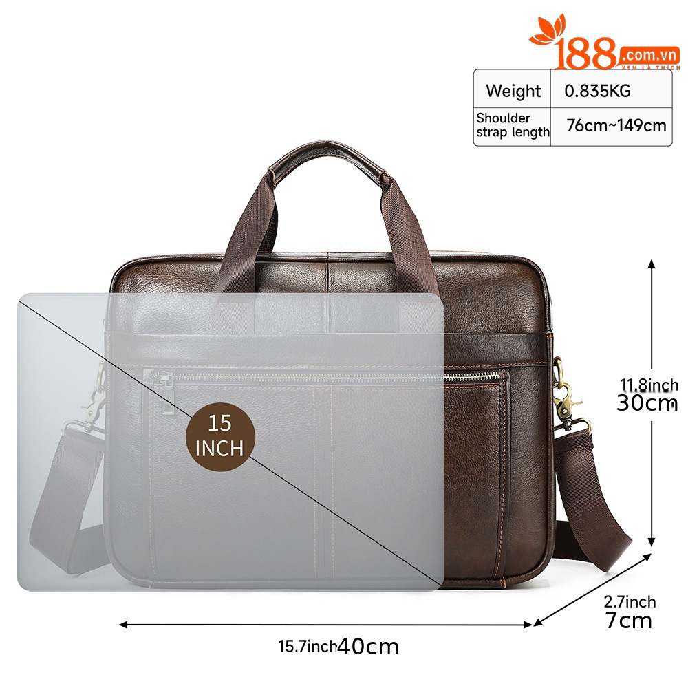Cặp da nam công sở da bò thật đựng laptop 15 inch, túi xách tay kiểu doanh nhân — Màu nâu, Màu nâu sẫm, màu đen, Họa tiết vải thiều đen