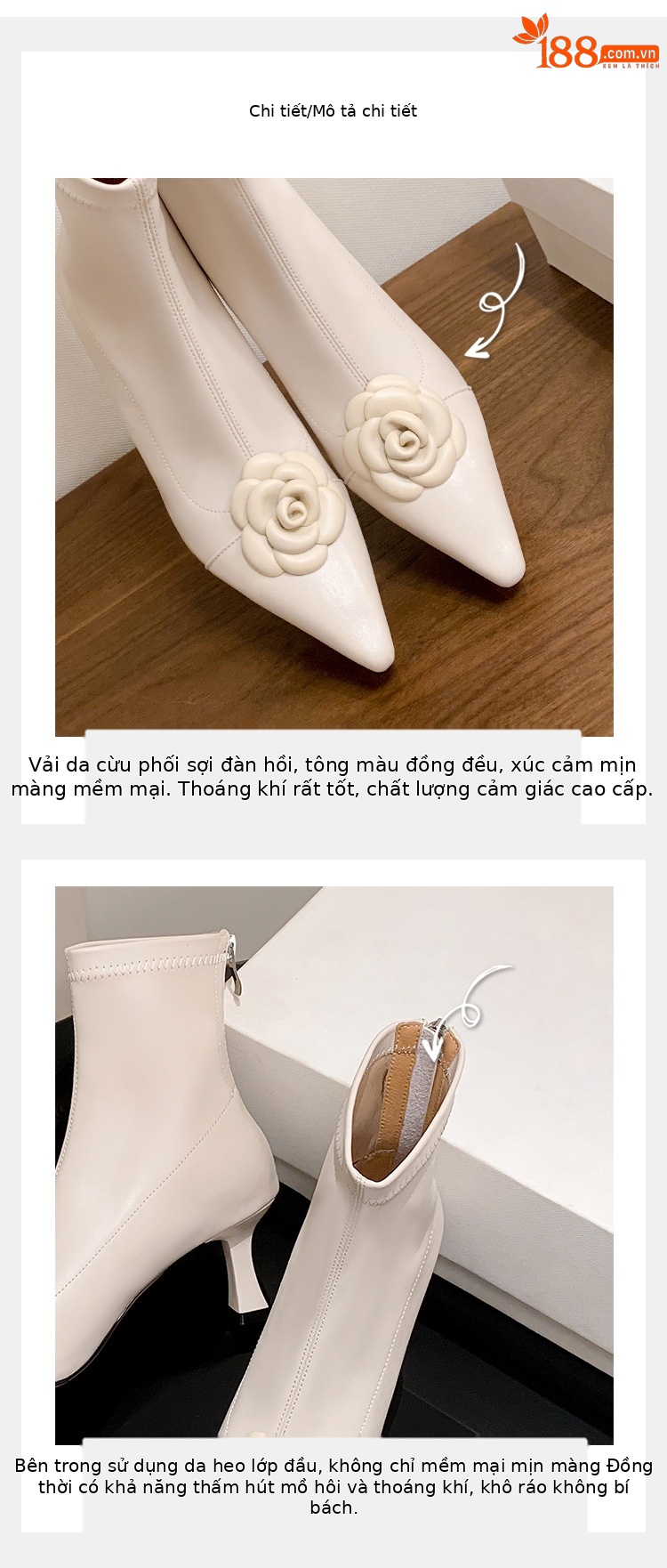 Boot nữ cổ thấp mũi nhọn phối màu thanh lịch, gót mỏng 6 cm, khóa kéo sau — màu đen, Màu trắng nhạt chi tiết 1