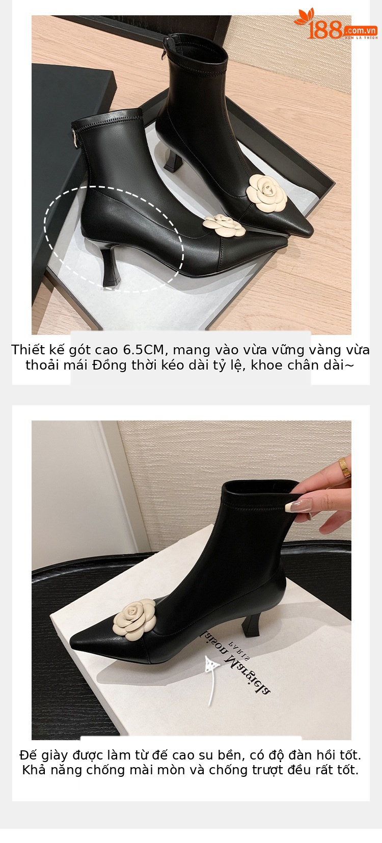 Boot nữ cổ thấp mũi nhọn phối màu thanh lịch, gót mỏng 6 cm, khóa kéo sau — màu đen, Màu trắng nhạt chi tiết 2