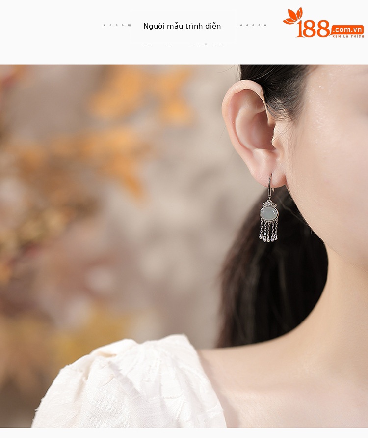 Khuyên tai nữ bạc S925 hình ruyi tua rua phong cách cổ trang — Một cặp chi tiết 4