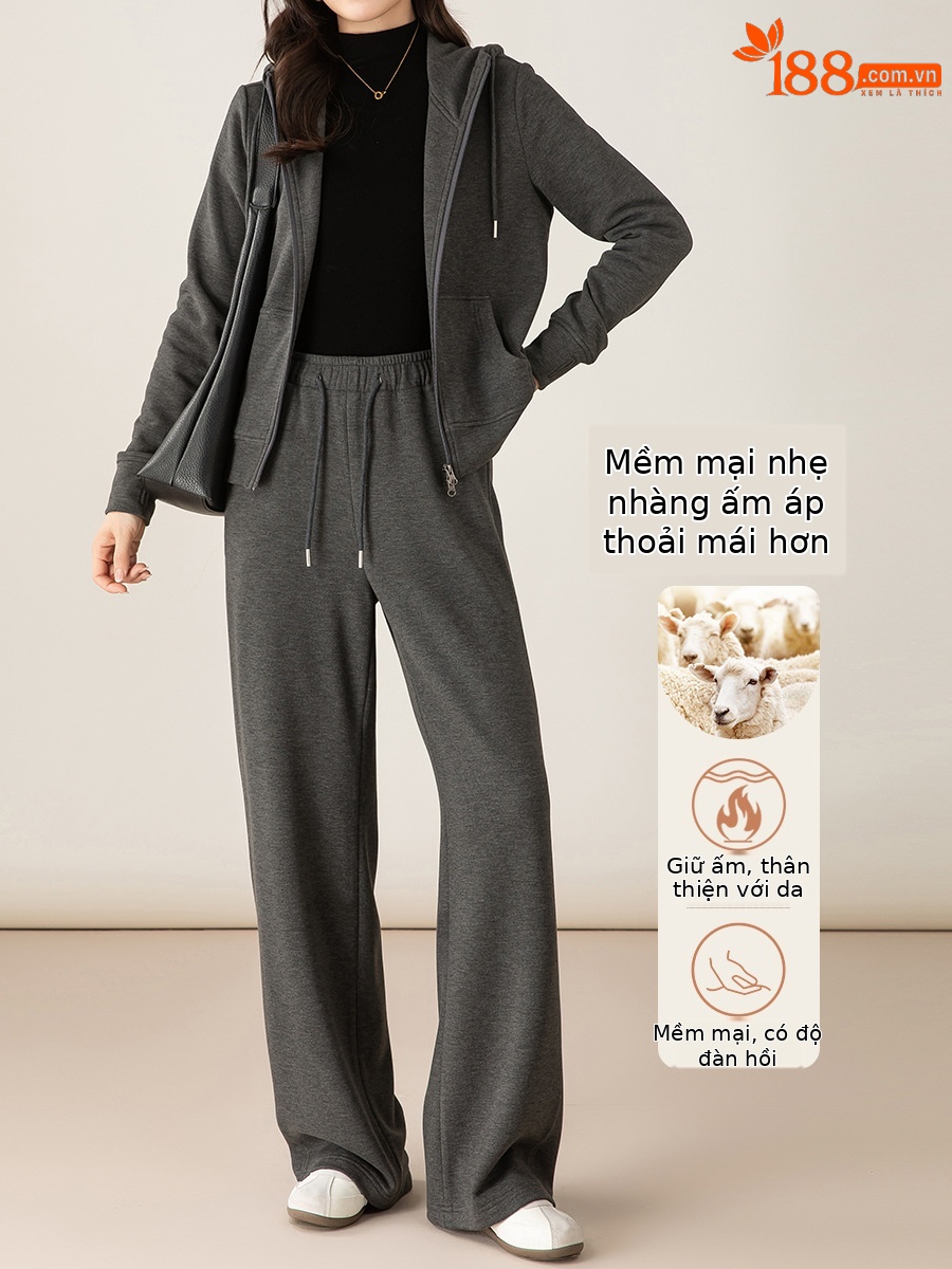 Bộ đồ thể thao nữ hai mảnh giả cashmere mũ trùm dáng rộng phong cách Hàn Quốc — Màu xám (bộ hai món)