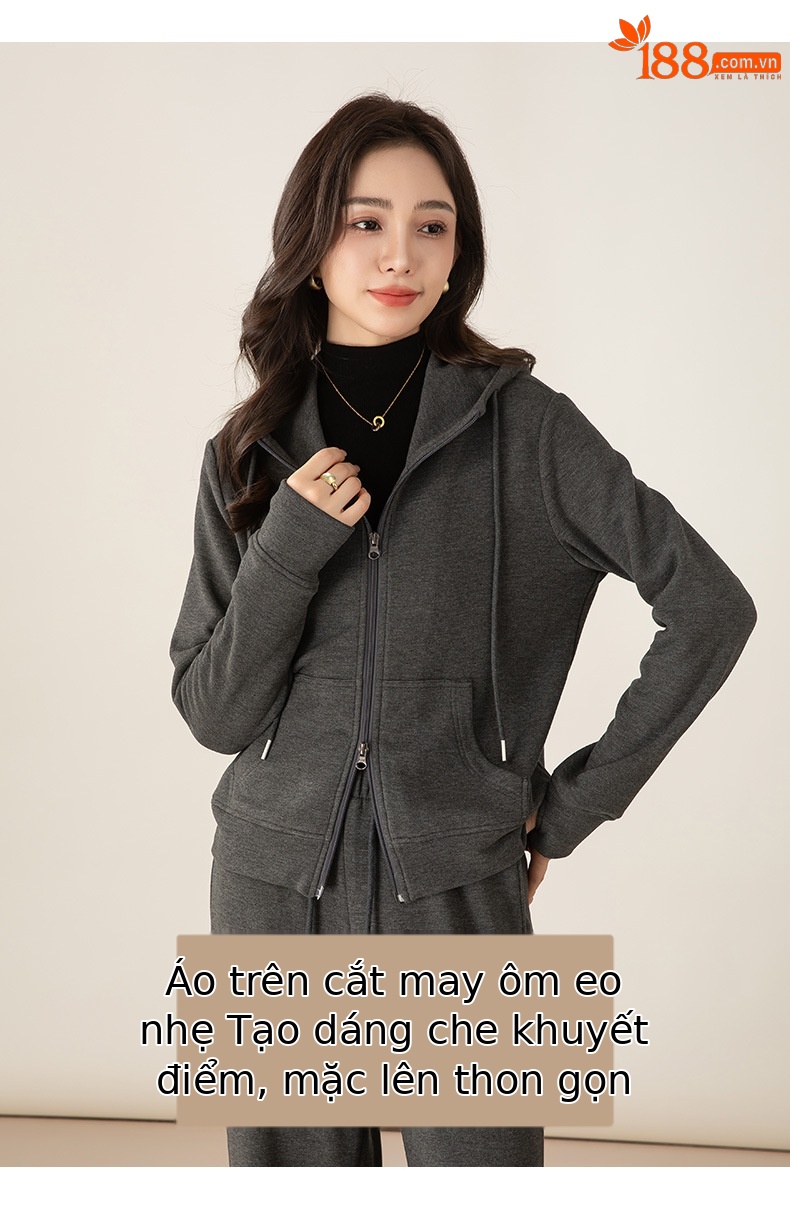 Bộ đồ thể thao nữ hai mảnh giả cashmere mũ trùm dáng rộng phong cách Hàn Quốc — Màu xám (bộ hai món) chi tiết 15