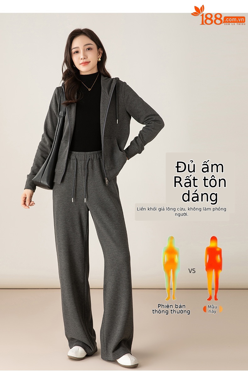 Bộ đồ thể thao nữ hai mảnh giả cashmere mũ trùm dáng rộng phong cách Hàn Quốc — Màu xám (bộ hai món) chi tiết 13