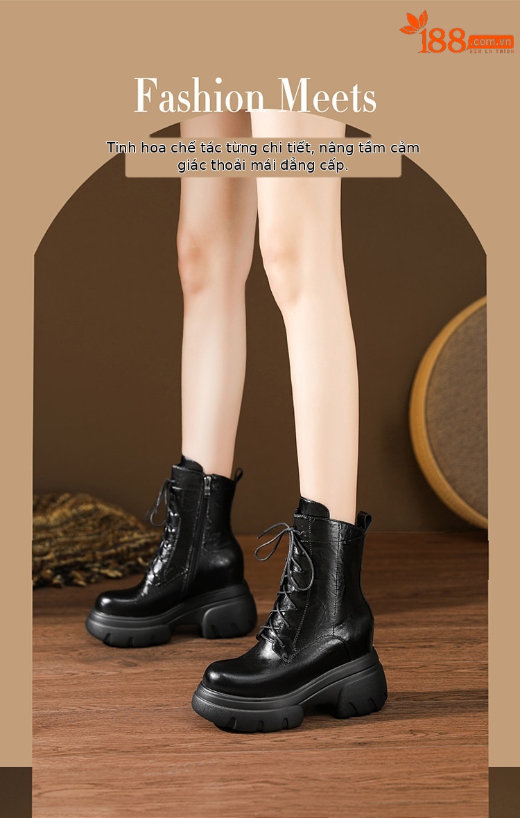Boot Martin nữ đế xuồng da thật mũi tròn gót cao 6 cm dây buộc — nhung đen, Nhung nâu, Lớp lót đơn màu đen, Lớp lót đơn màu nâu chi tiết 2