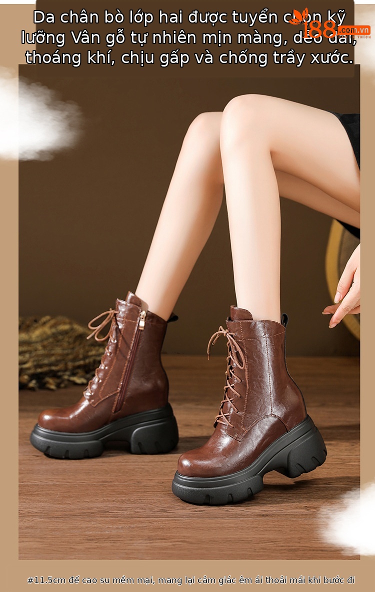 Boot Martin nữ đế xuồng da thật mũi tròn gót cao 6 cm dây buộc — nhung đen, Nhung nâu, Lớp lót đơn màu đen, Lớp lót đơn màu nâu chi tiết 5