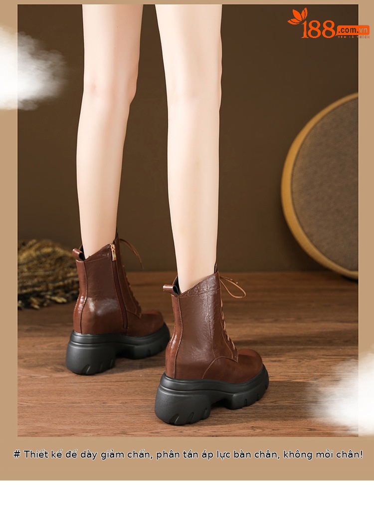 Boot Martin nữ đế xuồng da thật mũi tròn gót cao 6 cm dây buộc — nhung đen, Nhung nâu, Lớp lót đơn màu đen, Lớp lót đơn màu nâu chi tiết 6