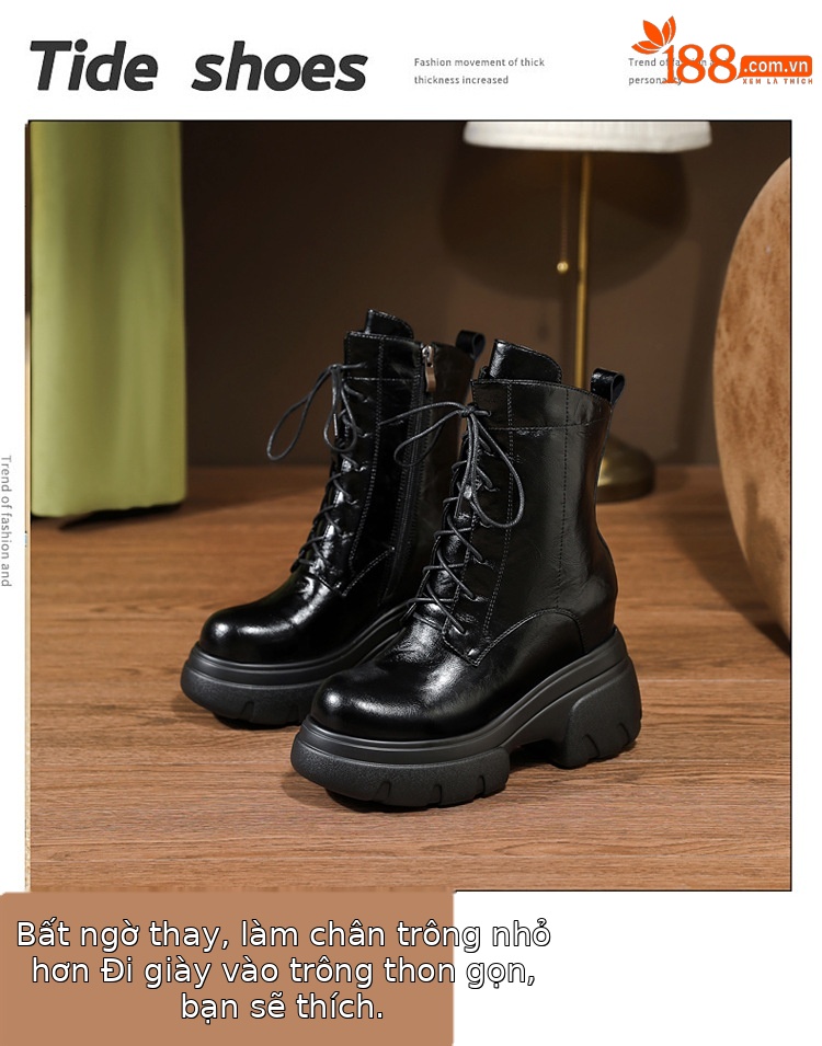 Boot Martin nữ đế xuồng da thật mũi tròn gót cao 6 cm dây buộc — nhung đen, Nhung nâu, Lớp lót đơn màu đen, Lớp lót đơn màu nâu chi tiết 9