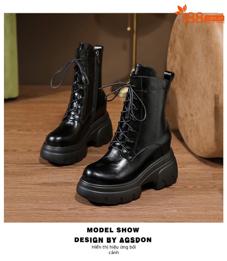 Boot Martin nữ đế xuồng da thật mũi tròn gót cao 6 cm dây buộc — nhung đen, Nhung nâu, Lớp lót đơn màu đen, Lớp lót đơn màu nâu chi tiết 10