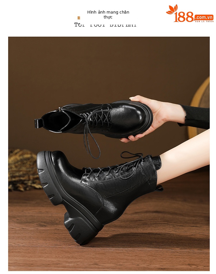 Boot Martin nữ đế xuồng da thật mũi tròn gót cao 6 cm dây buộc — nhung đen, Nhung nâu, Lớp lót đơn màu đen, Lớp lót đơn màu nâu chi tiết 17