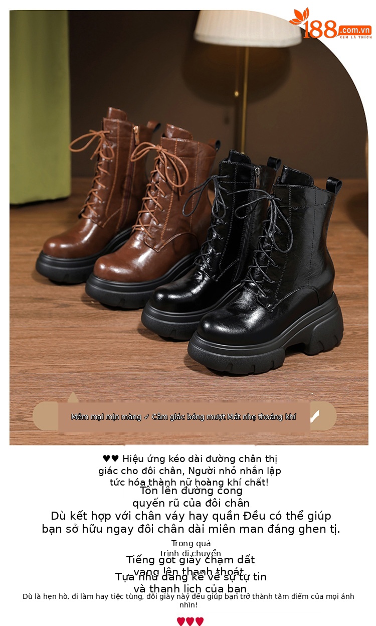 Boot Martin nữ đế xuồng da thật mũi tròn gót cao 6 cm dây buộc — nhung đen, Nhung nâu, Lớp lót đơn màu đen, Lớp lót đơn màu nâu chi tiết 4