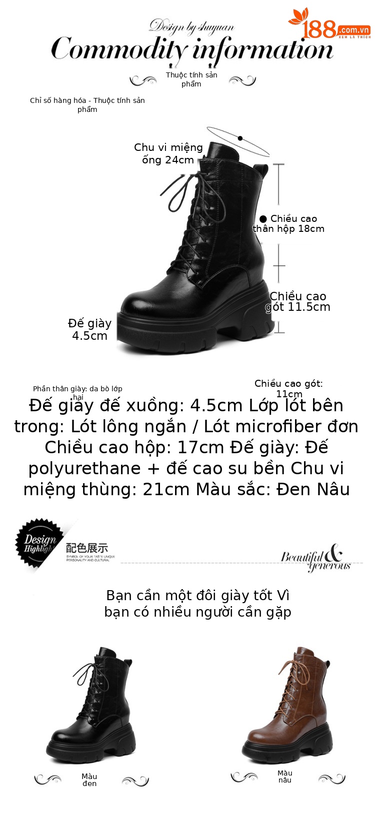 Boot Martin nữ đế xuồng da thật mũi tròn gót cao 6 cm dây buộc — nhung đen, Nhung nâu, Lớp lót đơn màu đen, Lớp lót đơn màu nâu chi tiết 7