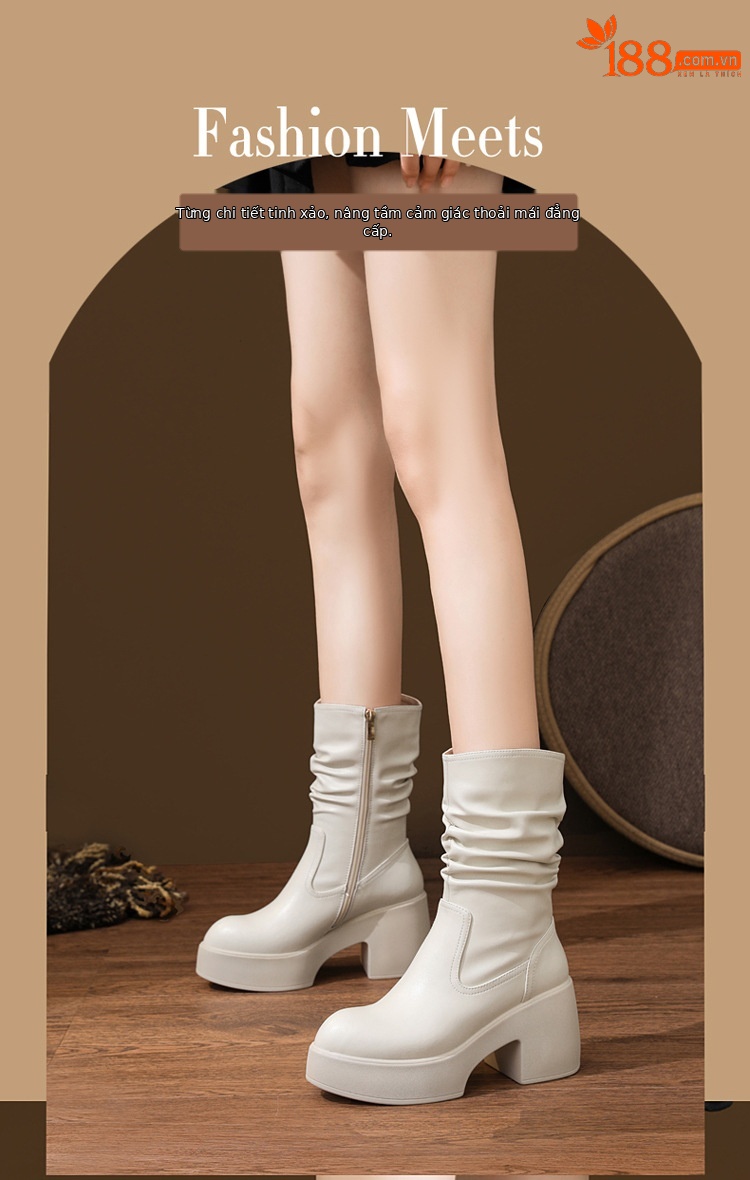 Boot Martin da thật cổ cao xếp ly đế dày gót ấm mùa đông — nhung đen, Lớp lót đơn màu trắng nhạt, Lớp lót đơn màu đen, Lớp lót nhung màu trắng nhạt chi tiết 2