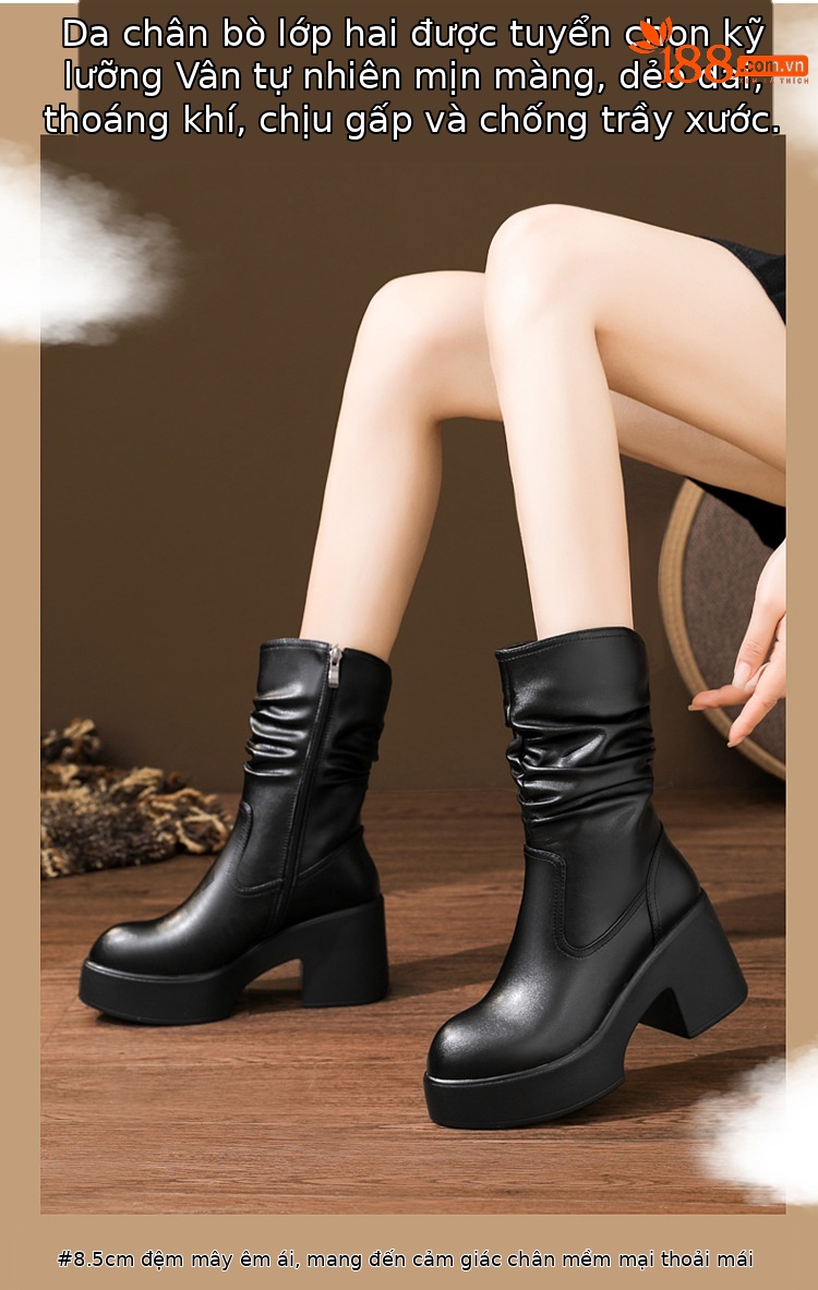 Boot Martin da thật cổ cao xếp ly đế dày gót ấm mùa đông — nhung đen, Lớp lót đơn màu trắng nhạt, Lớp lót đơn màu đen, Lớp lót nhung màu trắng nhạt chi tiết 5