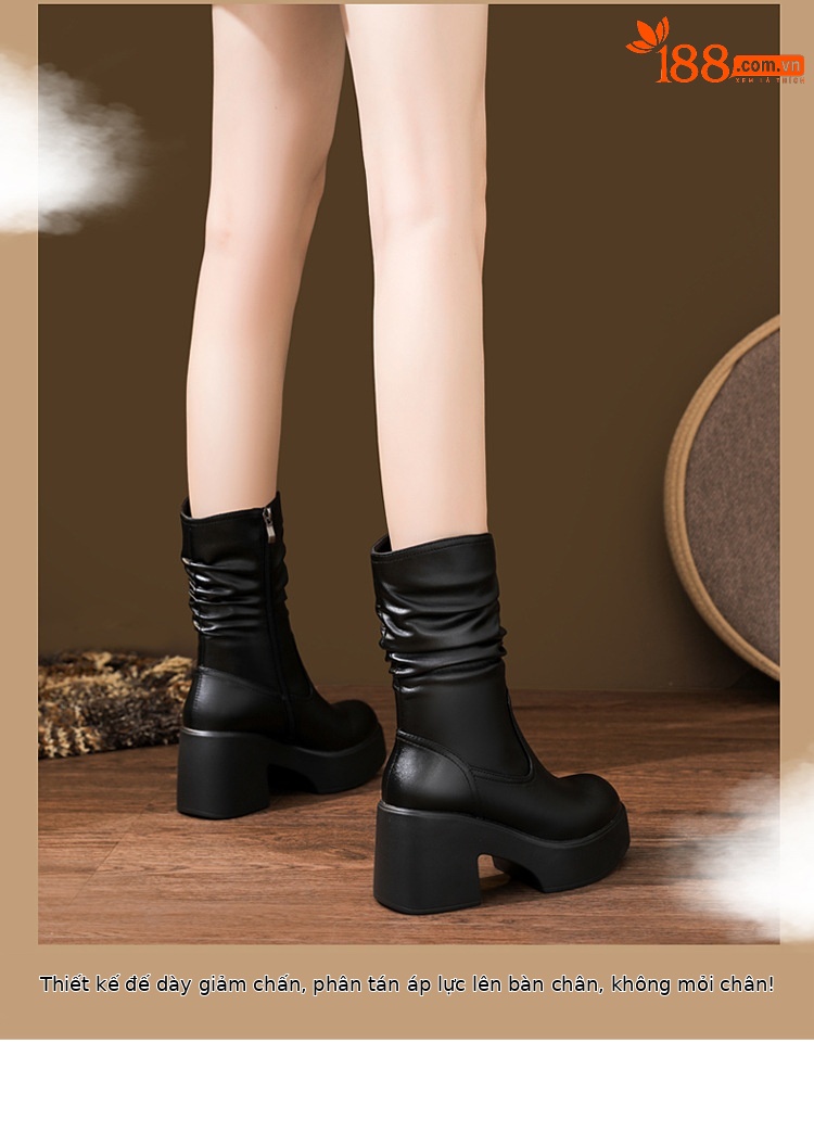 Boot Martin da thật cổ cao xếp ly đế dày gót ấm mùa đông — nhung đen, Lớp lót đơn màu trắng nhạt, Lớp lót đơn màu đen, Lớp lót nhung màu trắng nhạt chi tiết 6