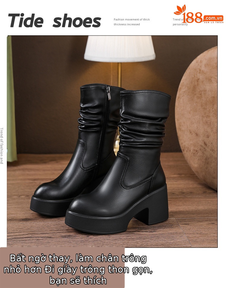 Boot Martin da thật cổ cao xếp ly đế dày gót ấm mùa đông — nhung đen, Lớp lót đơn màu trắng nhạt, Lớp lót đơn màu đen, Lớp lót nhung màu trắng nhạt chi tiết 9
