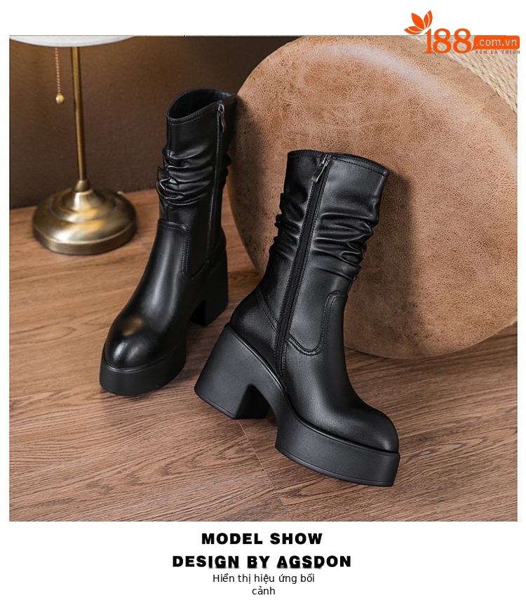 Boot Martin da thật cổ cao xếp ly đế dày gót ấm mùa đông — nhung đen, Lớp lót đơn màu trắng nhạt, Lớp lót đơn màu đen, Lớp lót nhung màu trắng nhạt chi tiết 10