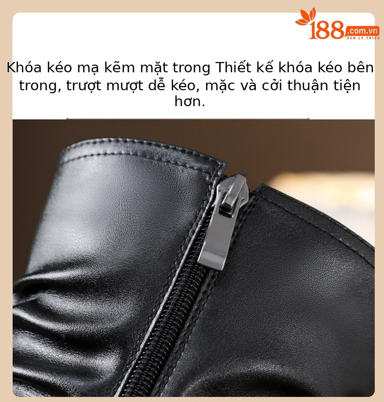 Boot Martin da thật cổ cao xếp ly đế dày gót ấm mùa đông — nhung đen, Lớp lót đơn màu trắng nhạt, Lớp lót đơn màu đen, Lớp lót nhung màu trắng nhạt chi tiết 15