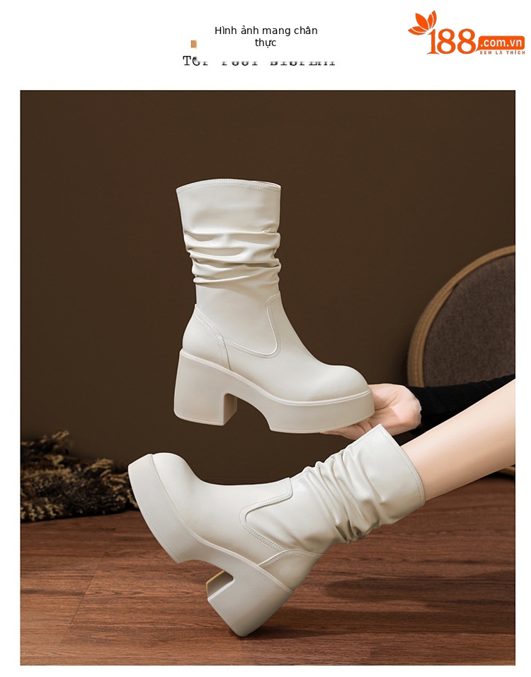Boot Martin da thật cổ cao xếp ly đế dày gót ấm mùa đông — nhung đen, Lớp lót đơn màu trắng nhạt, Lớp lót đơn màu đen, Lớp lót nhung màu trắng nhạt chi tiết 17