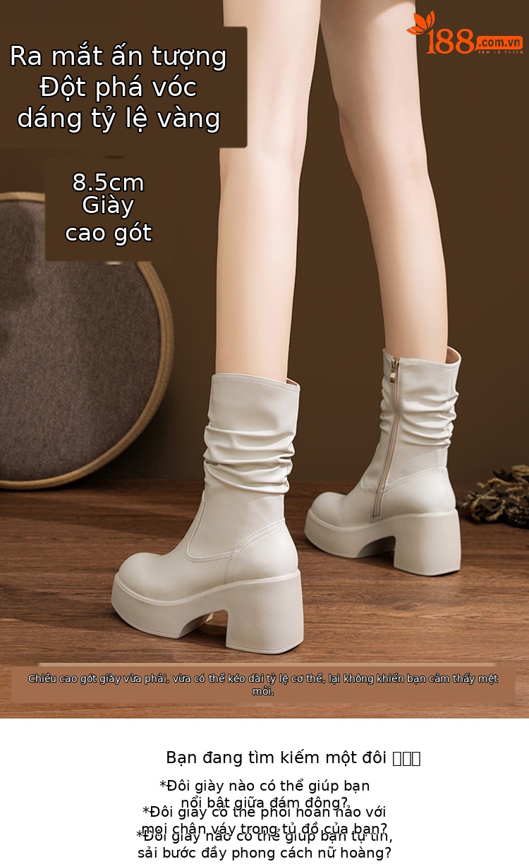 Boot Martin da thật cổ cao xếp ly đế dày gót ấm mùa đông — nhung đen, Lớp lót đơn màu trắng nhạt, Lớp lót đơn màu đen, Lớp lót nhung màu trắng nhạt chi tiết 3