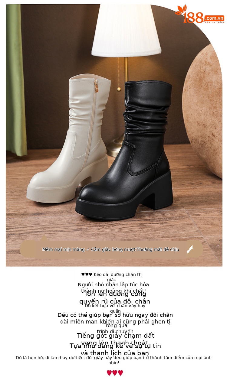 Boot Martin da thật cổ cao xếp ly đế dày gót ấm mùa đông — nhung đen, Lớp lót đơn màu trắng nhạt, Lớp lót đơn màu đen, Lớp lót nhung màu trắng nhạt chi tiết 4
