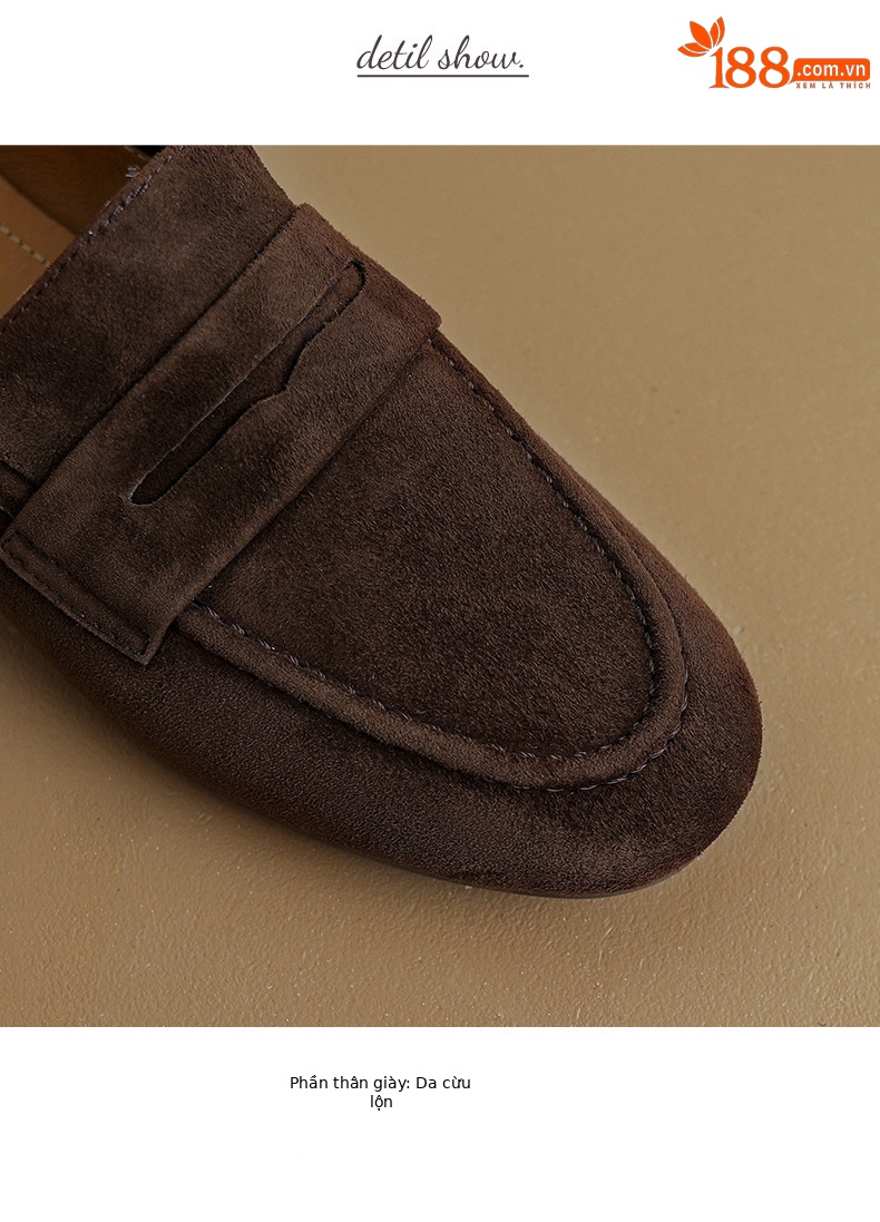 Giày Loafer Nữ Mũi Vuông Gót Bệt Phong Cách Anh Quốc — nâu chi tiết 9