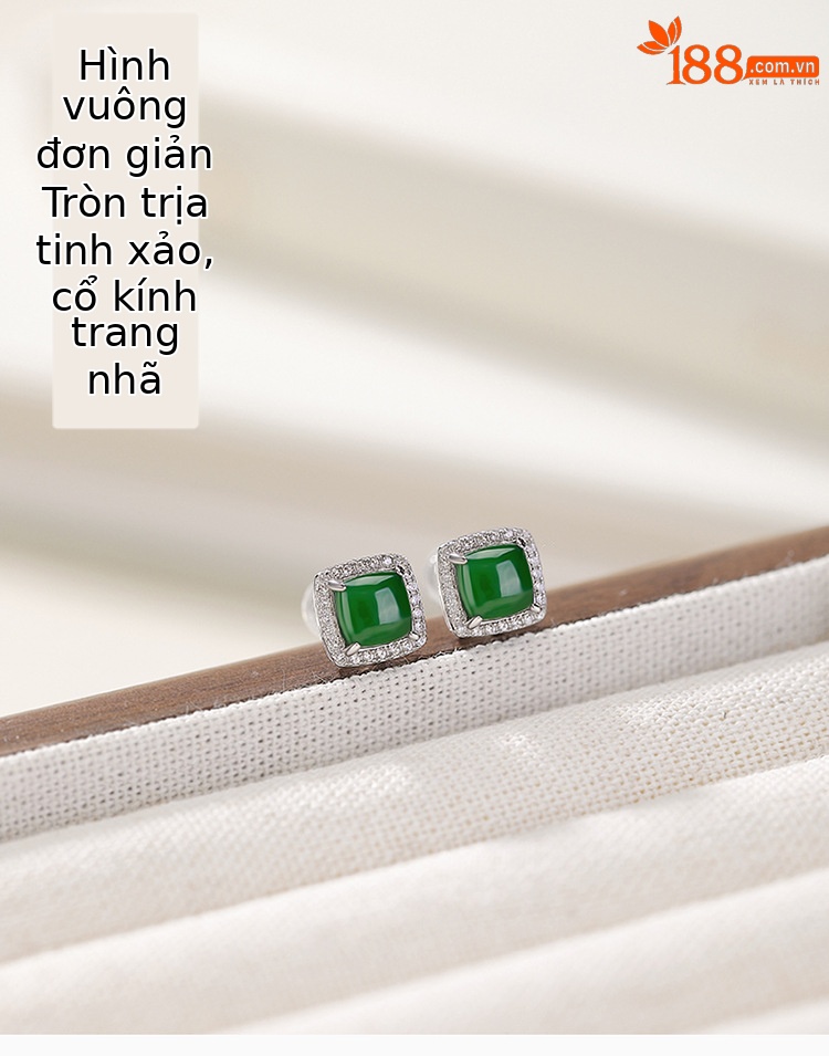 Bông tai bạc S925 hình vuông dát đá tự nhiên phong cách cổ điển — Một cặp chi tiết 1